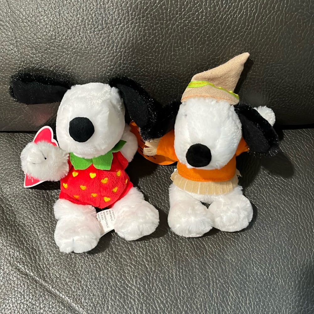 Two stuffed snoopy animals in strawberry and scarecrow outfit